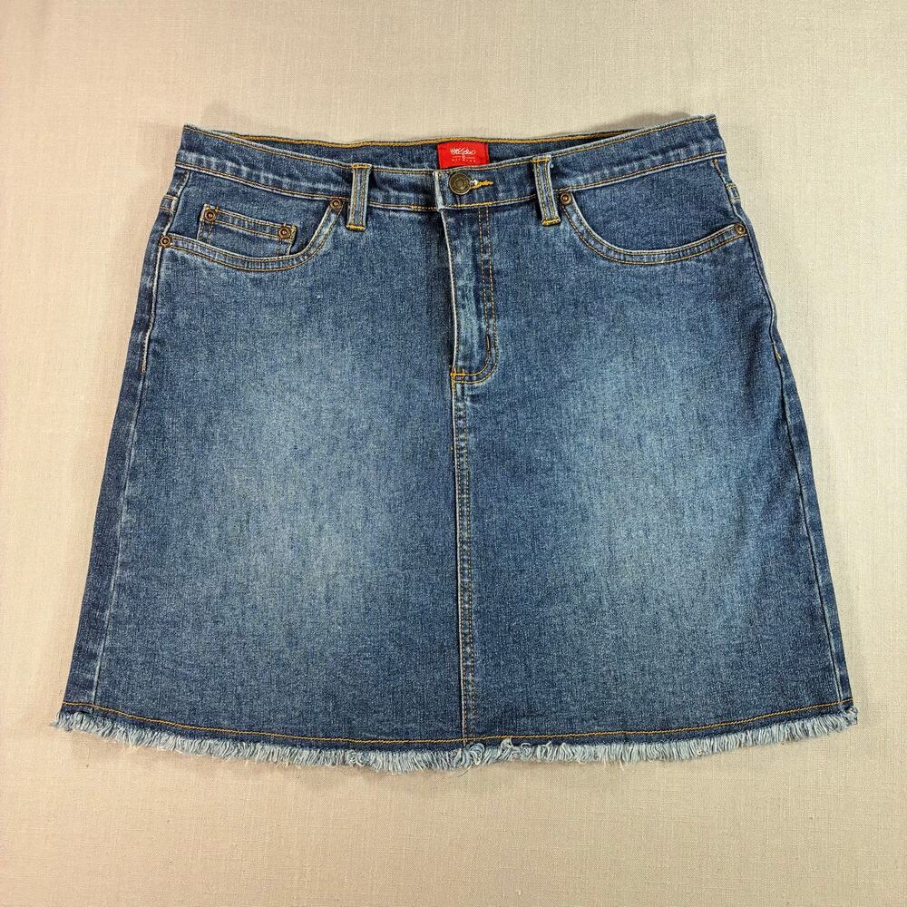 Mossimo Stretch Denim Mini Skirt Womens Size 7 Blue Frayed Hem Jean Skirt